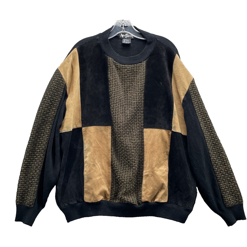 VTG Alan Stuart Suede Leather Patch Sweater Men's XL Grandpa Academia 70's Check